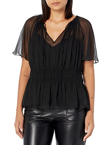 Theory Womens Tie-Neck Raglan Top in Silk Crinkle Blouse, Black